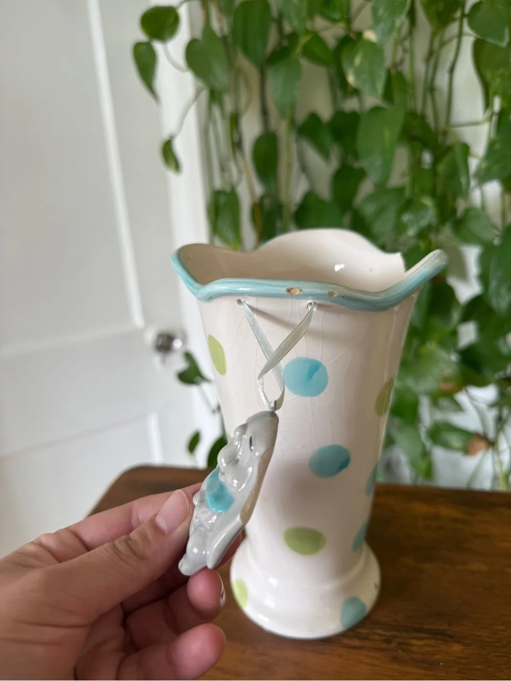 Hand-Painted Polka Dot Ceramic Vase in Blue and Green Baby shower elephant